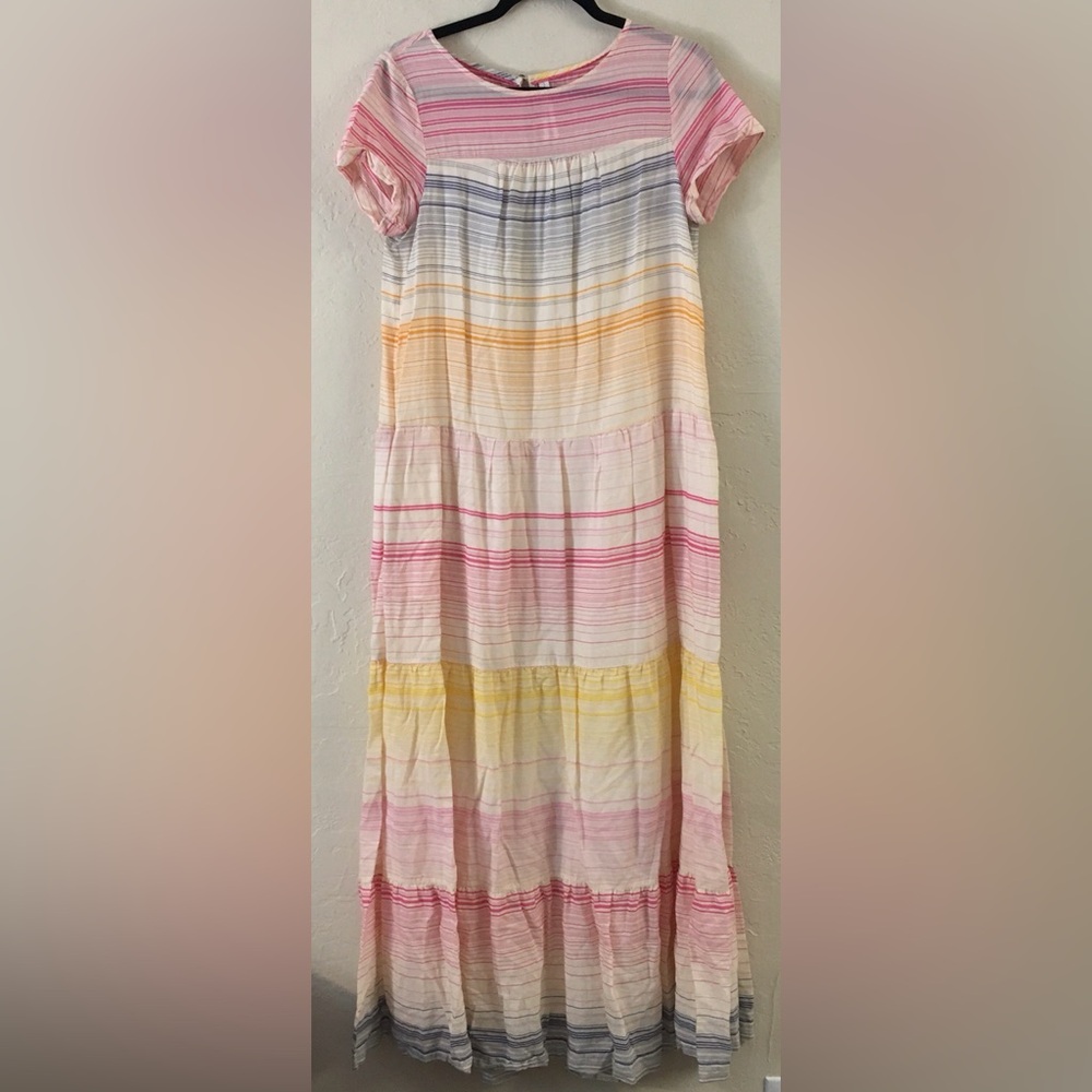 Anthropologie Tiered Short Sleeve Maxi Dress Small Pink Pockets Casual Oversized - Picture 3 of 12